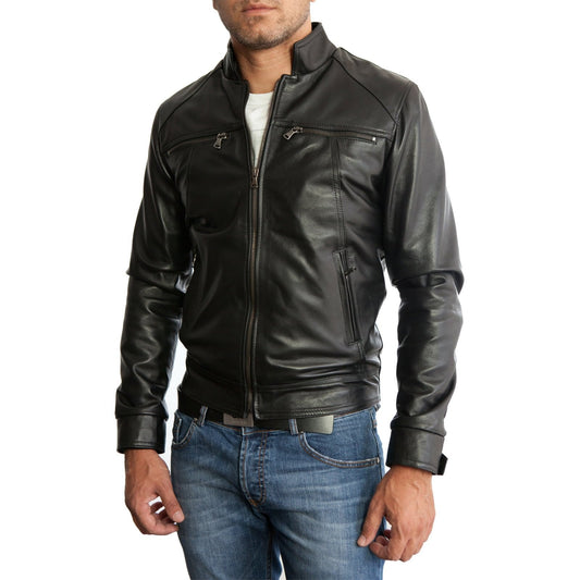 Slim-Bikerjacke aus echtem schwarzem Leder für Herren mit vier Taschen Rindway