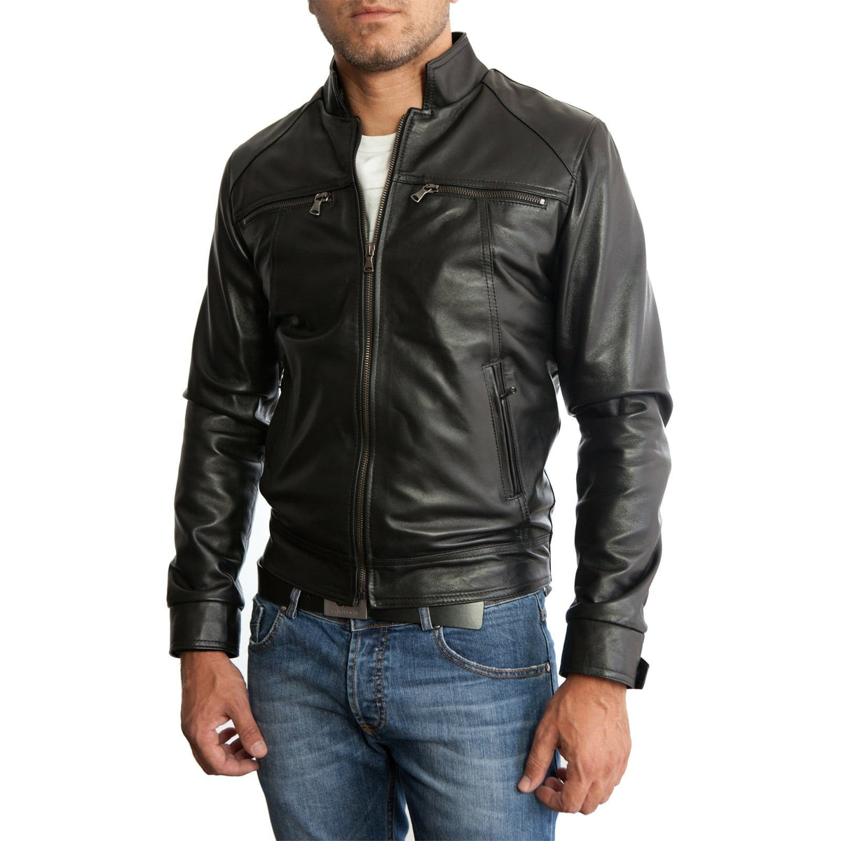 Slim-Bikerjacke aus echtem braunem Leder für Herren mit vier Taschen Rindway