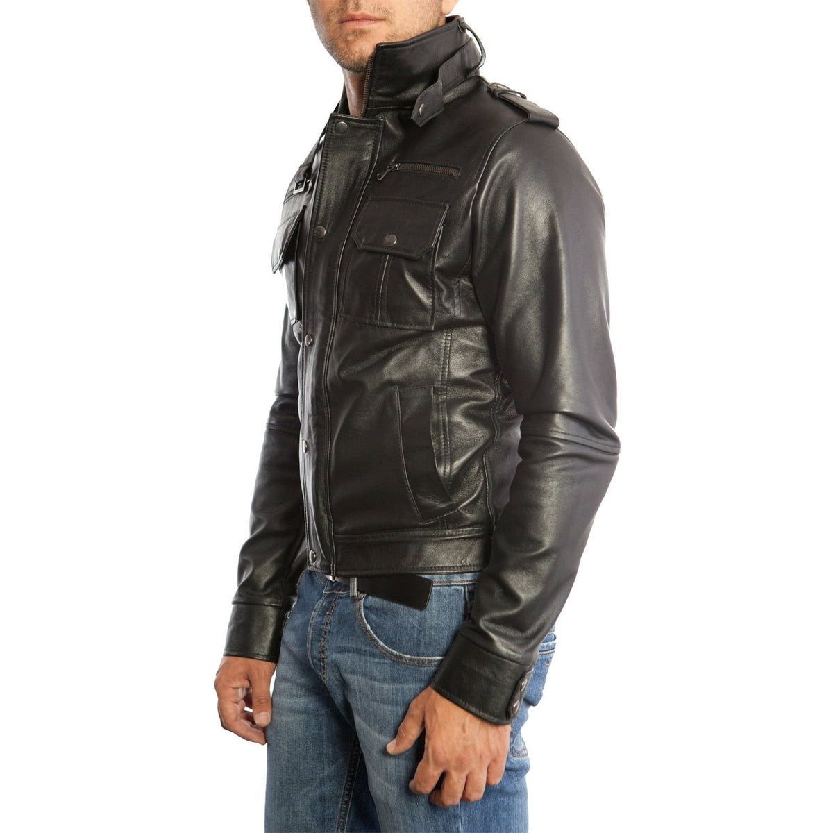Bikerjacke aus echtem schwarzem Leder, Herren-Slim-Fit, sechs Vordertaschen, Rindway