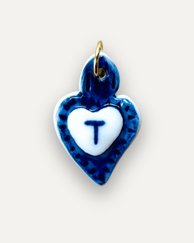 Blue Heart Porcelain Charm - Letter T