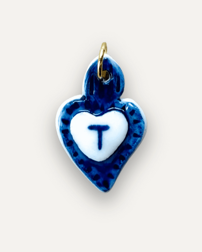 Blue Heart Porcelain Charm - Letter T