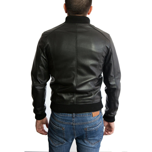 Cazadora bomber de piel auténtica marrón para hombre, corte slim, con cortes frontales Rindway