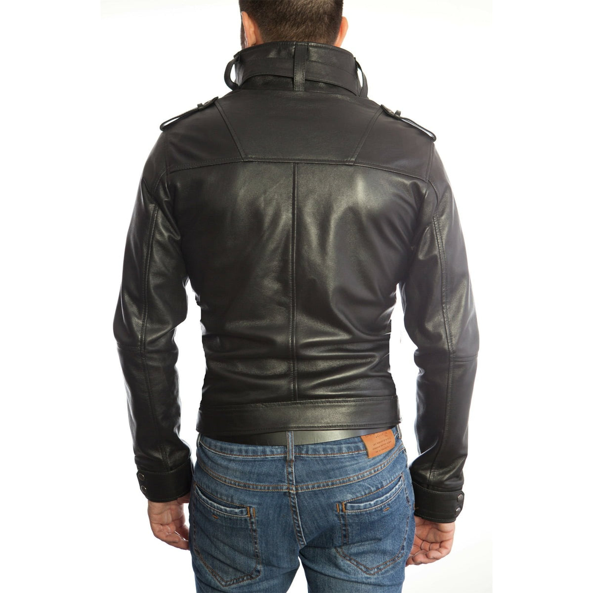 Bikerjacke aus echtem schwarzem Leder, Herren-Slim-Fit, sechs Vordertaschen, Rindway