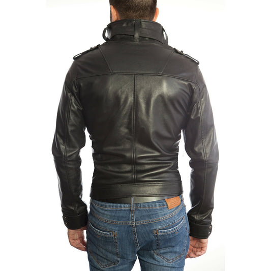 Blouson biker homme slim en véritable cuir noir avec six poches frontales Rindway