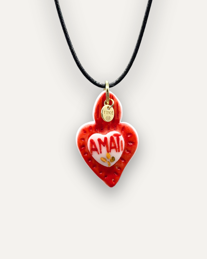 Pingente em Porcelana Coração Vermelho Amati Dourado