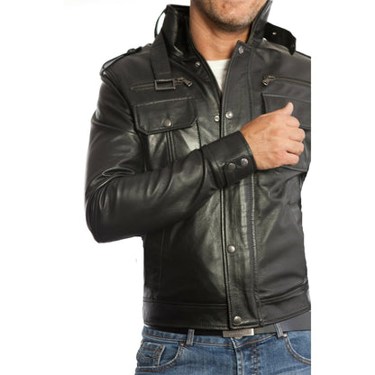 Bikerjacke aus echtem schwarzem Leder, Herren-Slim-Fit, sechs Vordertaschen, Rindway