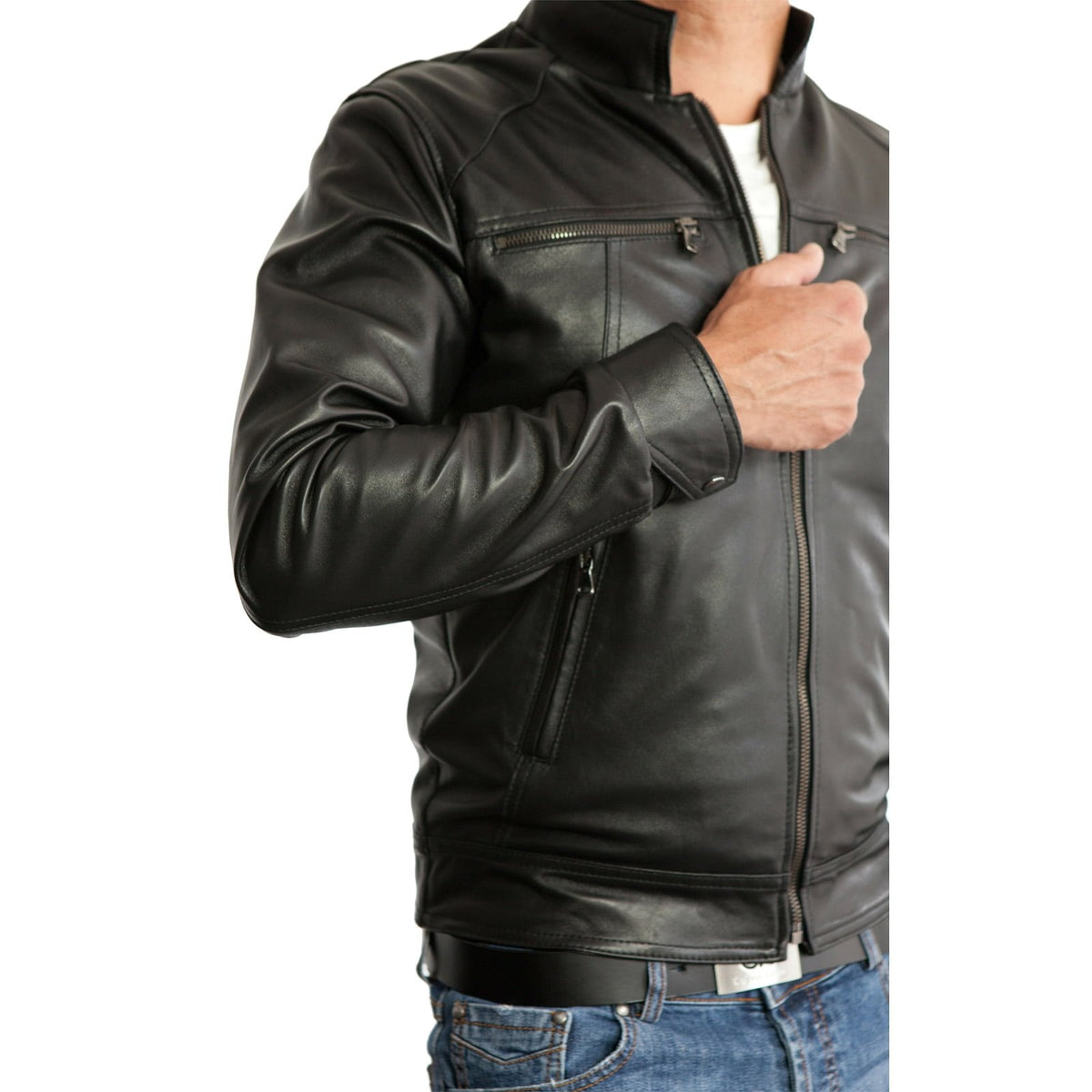 Slim-Bikerjacke aus echtem schwarzem Leder für Herren mit vier Taschen Rindway
