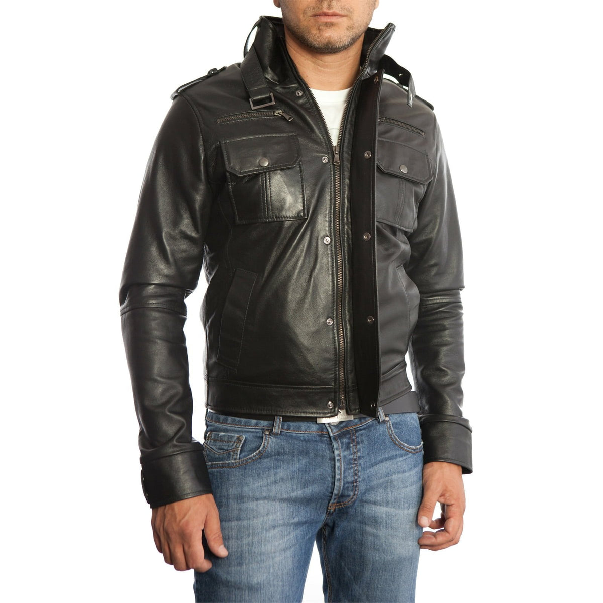 Bikerjacke aus echtem schwarzem Leder, Herren-Slim-Fit, sechs Vordertaschen, Rindway