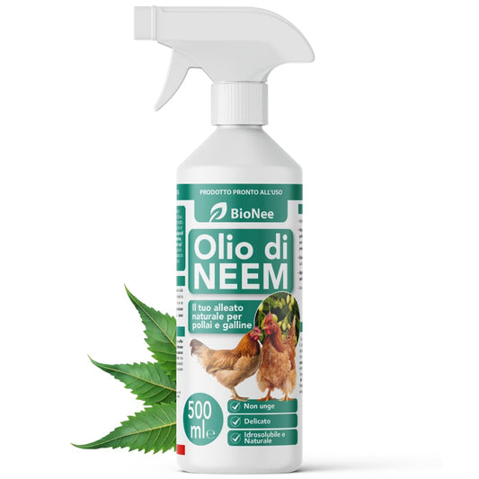 Bionee Aceite de Neem Spray para Gallinero y Gallinas 500 ml – Loción Natural Lista para Usar, Protección contra Insectos y Parásitos, Seguro y Delicado, Hidrosoluble, Sin Residuos