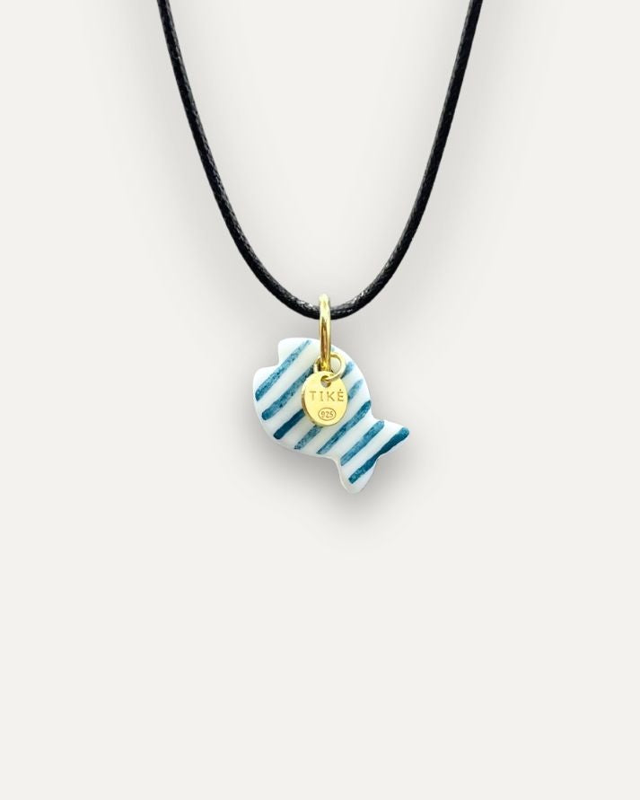 Petrol Blue Striped Fish Porcelain Charm