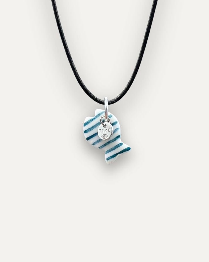 Petrol Blue Striped Fish Porcelain Charm