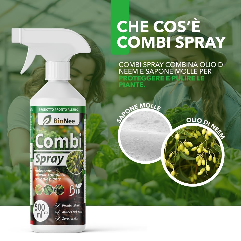 Combi Spray 500 ml | Con Olio di Neem e Sapone Molle | Naturale e Pronto all’Uso | Anti-Afidi, Cocciniglie e Fumaggine | Protegge e Pulisce le Piante