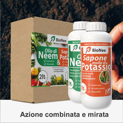 Olio di Neem - insetticida naturale biologico solubile in acqua (1 litro) + Sapone Molle di Potassio (1 litro)