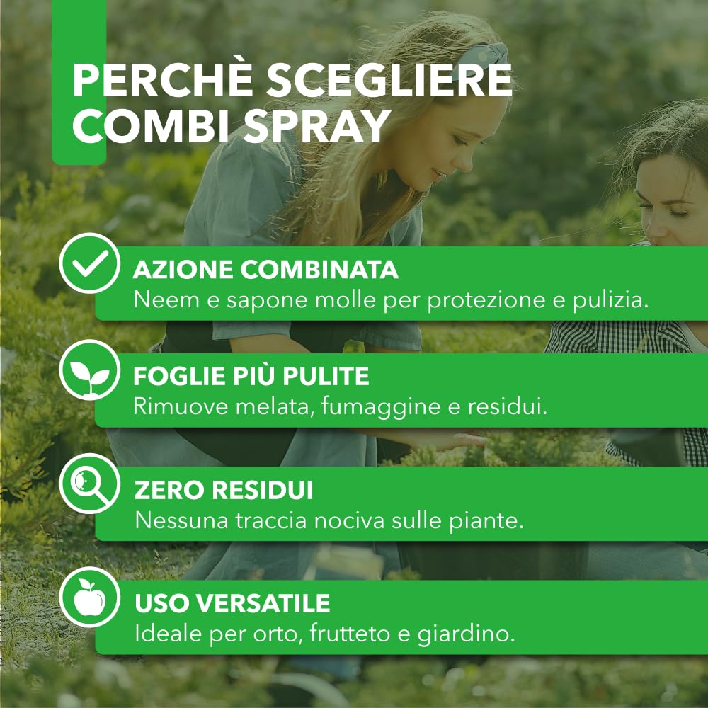 Combi Spray 500 ml | Con Olio di Neem e Sapone Molle | Naturale e Pronto all’Uso | Anti-Afidi, Cocciniglie e Fumaggine | Protegge e Pulisce le Piante