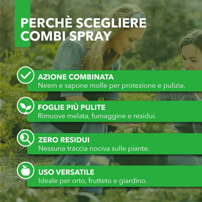 Combi Spray 500 ml | Con Olio di Neem e Sapone Molle | Naturale e Pronto all’Uso | Anti-Afidi, Cocciniglie e Fumaggine | Protegge e Pulisce le Piante