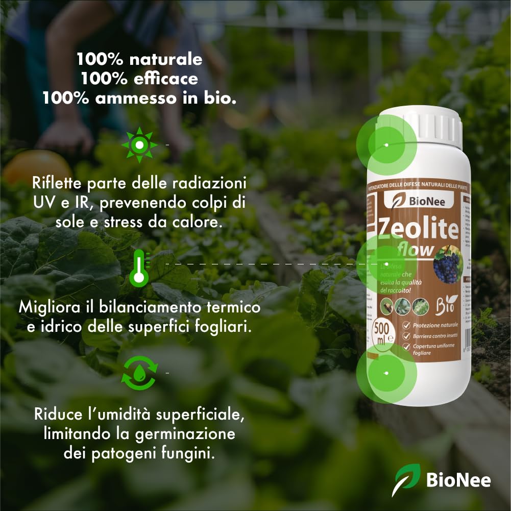 Zeolite Flow Bionee 500 ml – Corroborante Naturale per Piante – Barriera Protettiva Antifungo e Insetti – Ammesso in Agricoltura Biologica