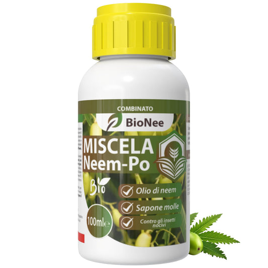 Miscela Neem-Po per Piante Biologico (100 ml) Olio di Neem + Sapone molle di potassio Solubile Ottimo Contro le Avversità Esterne di Orto, Prato e Giardino