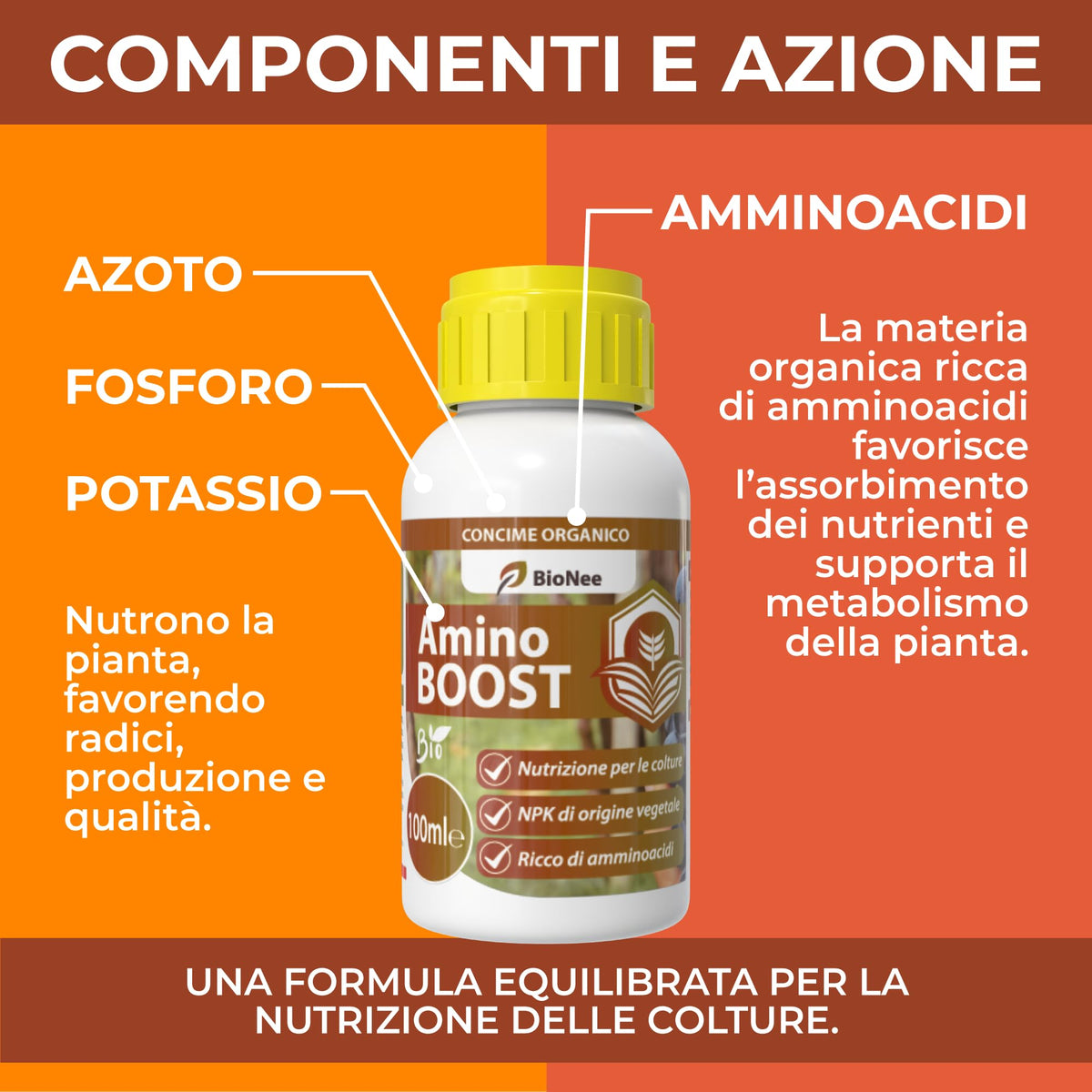 Amino BOOST, Concime Organico NPK per Colture Biologiche, Concime Biologico per uso fogliare e radicale 100ml