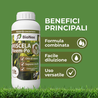 Miscela Neem-Po per Piante Biologico | Olio di Neem + Sapone molle di potassio Solubile Ottimo Contro le Avversità Esterne di Orto, Prato e Giardino 1 lt
