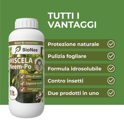 Miscela Neem-Po per Piante Biologico | Olio di Neem + Sapone molle di potassio Solubile Ottimo Contro le Avversità Esterne di Orto, Prato e Giardino 1 lt