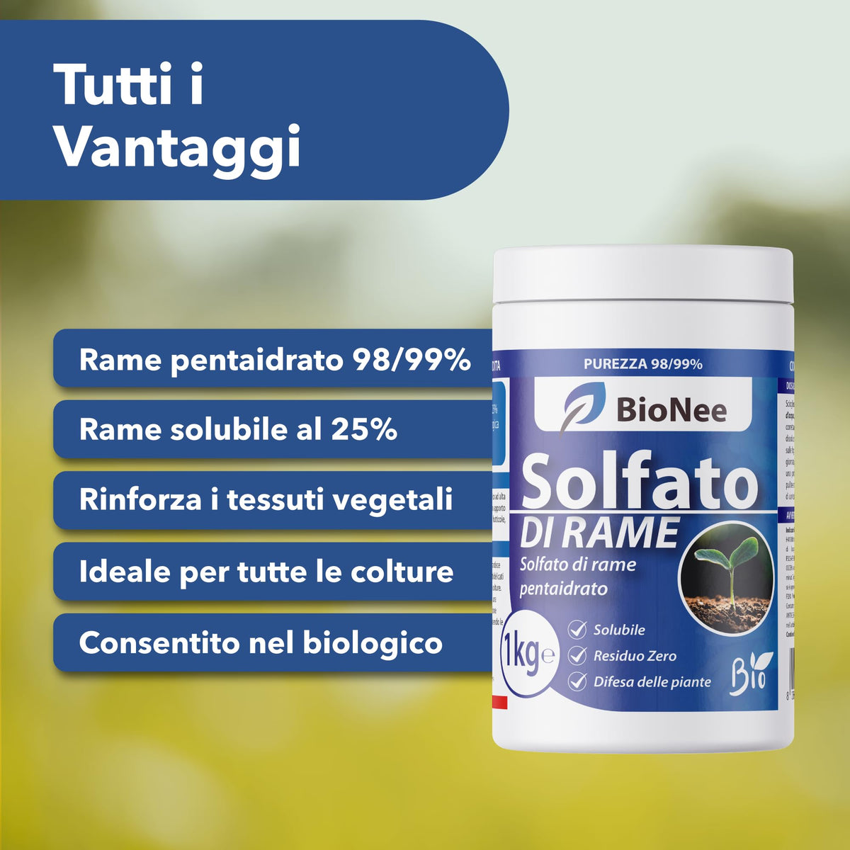 Solfato di Rame | Concime Inorganico Puro 98/99% | Rame Solubile 25% | Uso Agricolo e Biologico | Residuo Zero | Rame Pentaidrato per Orto e Giardino 1 kg