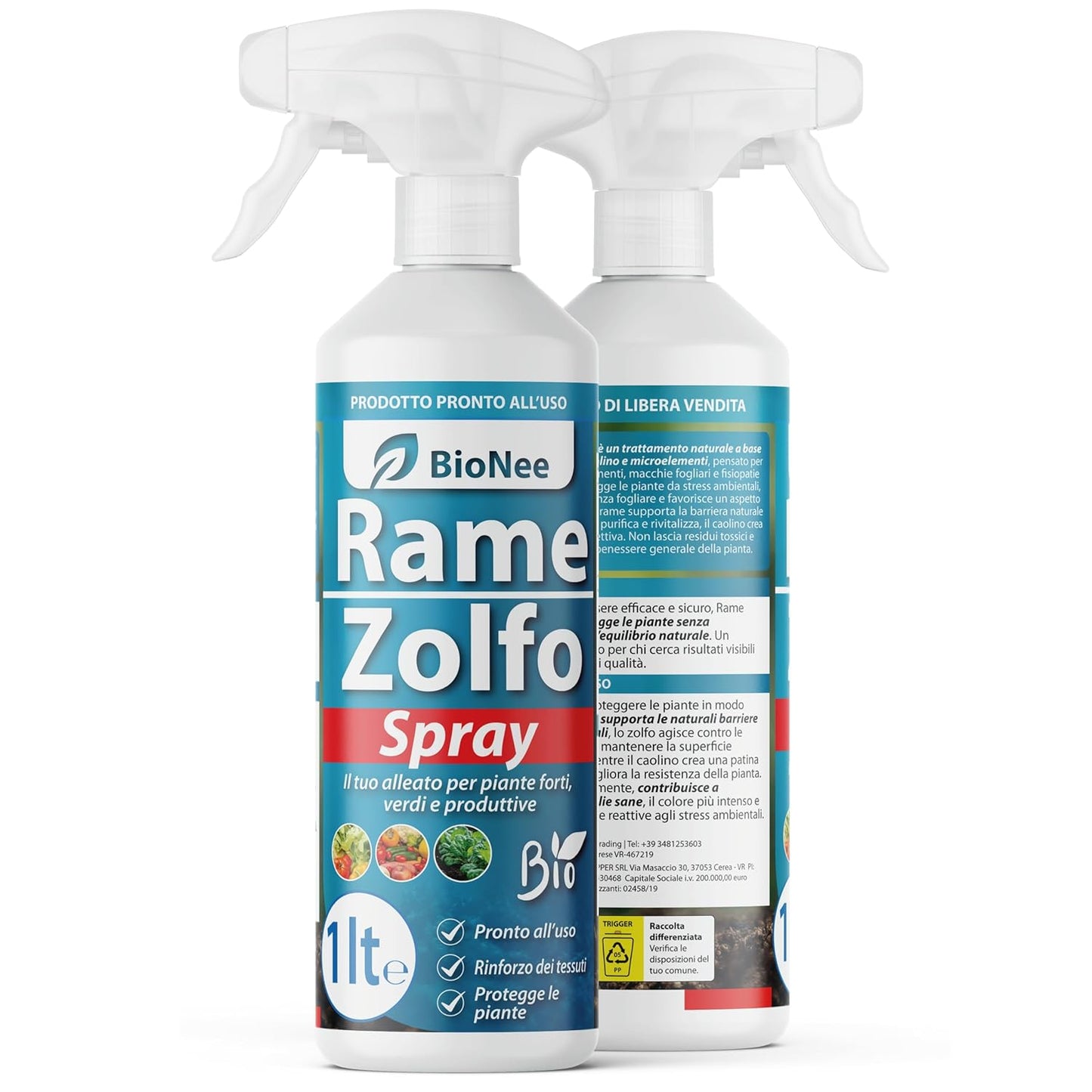 Spray Cuivre Soufre – Traitement naturel prêt à l’emploi pour plantes ornementales, fruitières, potager et jardin – Avec cuivre, soufre, kaolin et oligo-éléments (1 lt)