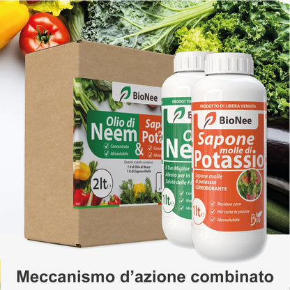 Olio di Neem - insetticida naturale biologico solubile in acqua (1 litro) + Sapone Molle di Potassio (1 litro)