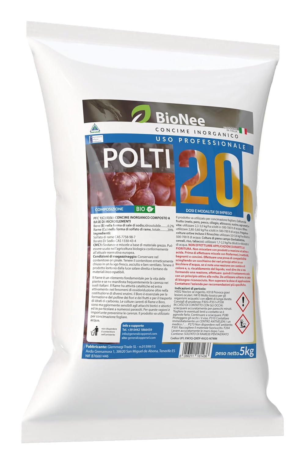 Bouillie Bordelaise Cuivrée - POLTI 20 | Engrais Inorganique à Base de Sulfate de Cuivre | Support Nutritionnel pour Plantes et Cultures 5 kg