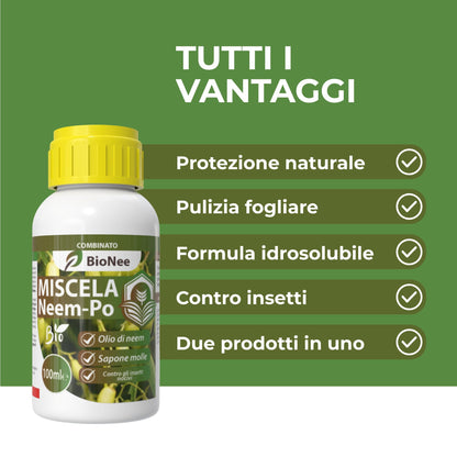 Miscela Neem-Po per Piante Biologico (100 ml) Olio di Neem + Sapone molle di potassio Solubile Ottimo Contro le Avversità Esterne di Orto, Prato e Giardino