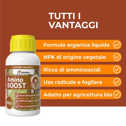 Amino BOOST, Concime Organico NPK per Colture Biologiche, Concime Biologico per uso fogliare e radicale 100ml