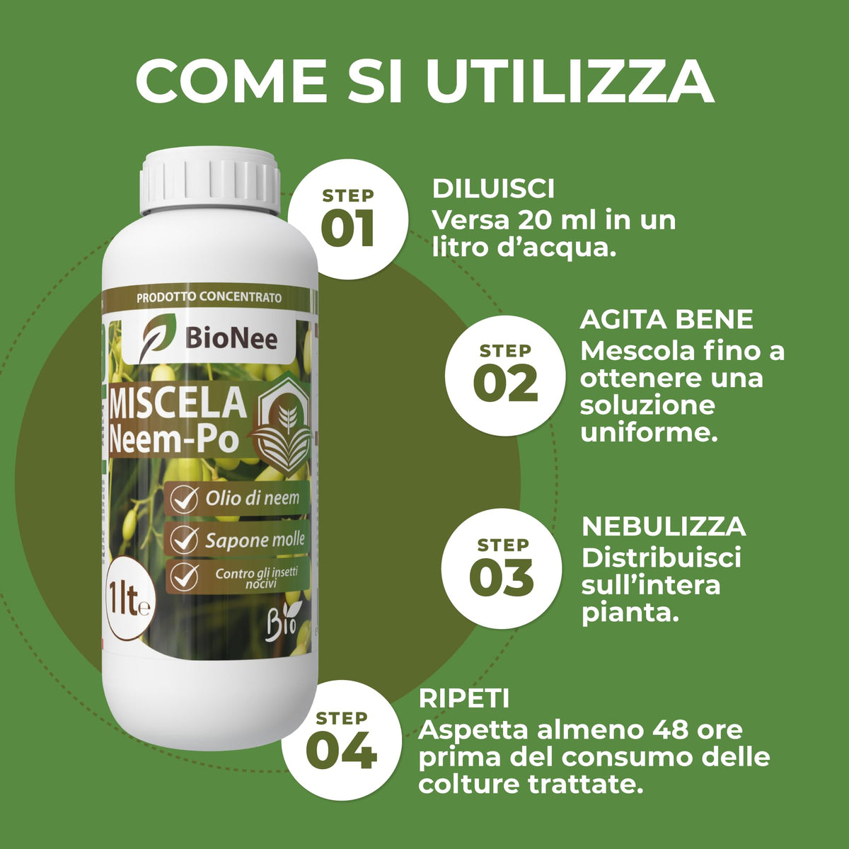 Miscela Neem-Po per Piante Biologico | Olio di Neem + Sapone molle di potassio Solubile Ottimo Contro le Avversità Esterne di Orto, Prato e Giardino 1 lt