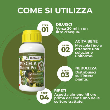Miscela Neem-Po per Piante Biologico (100 ml) Olio di Neem + Sapone molle di potassio Solubile Ottimo Contro le Avversità Esterne di Orto, Prato e Giardino