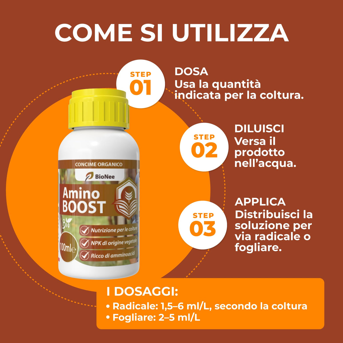 Amino BOOST, Concime Organico NPK per Colture Biologiche, Concime Biologico per uso fogliare e radicale 100ml