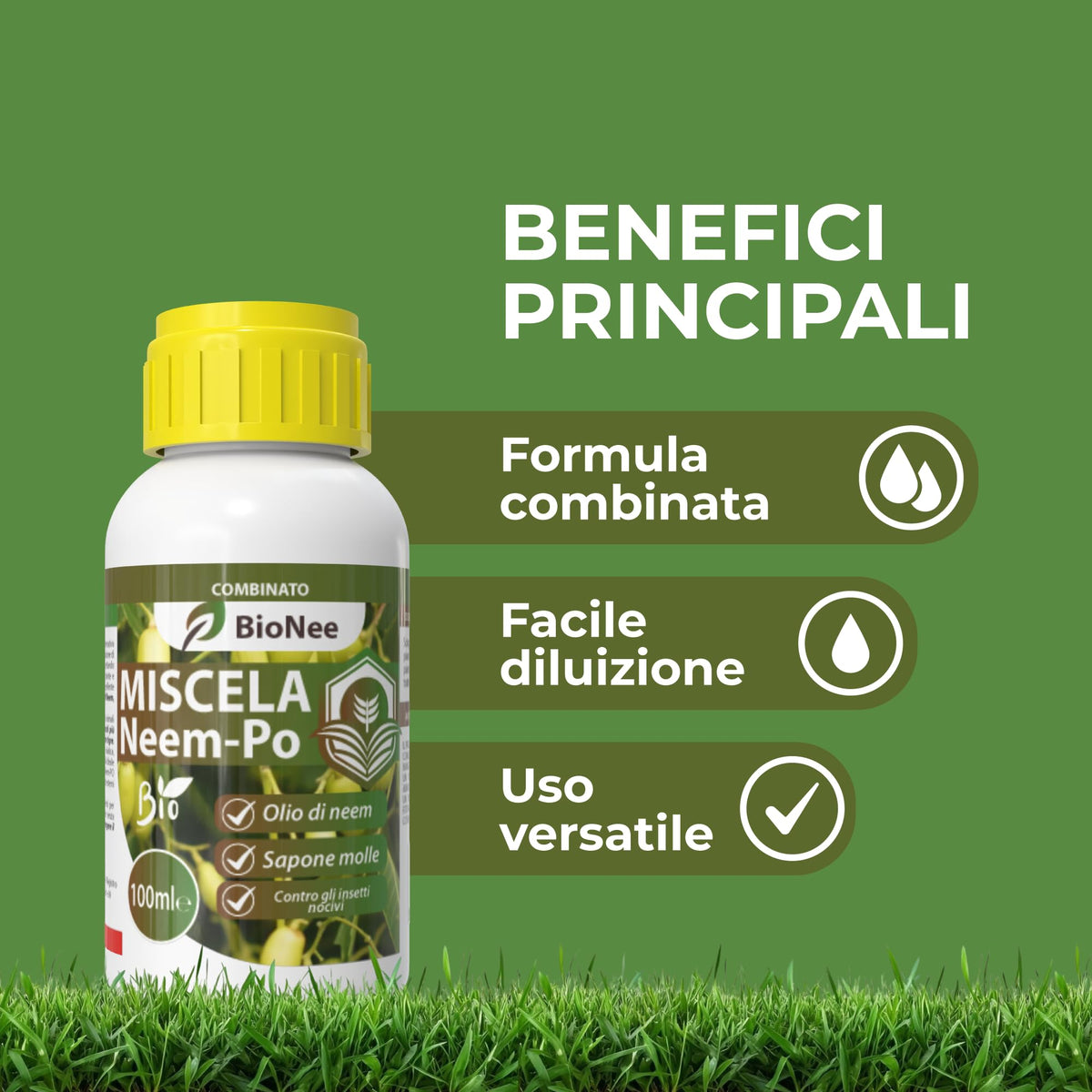 Miscela Neem-Po per Piante Biologico (100 ml) Olio di Neem + Sapone molle di potassio Solubile Ottimo Contro le Avversità Esterne di Orto, Prato e Giardino