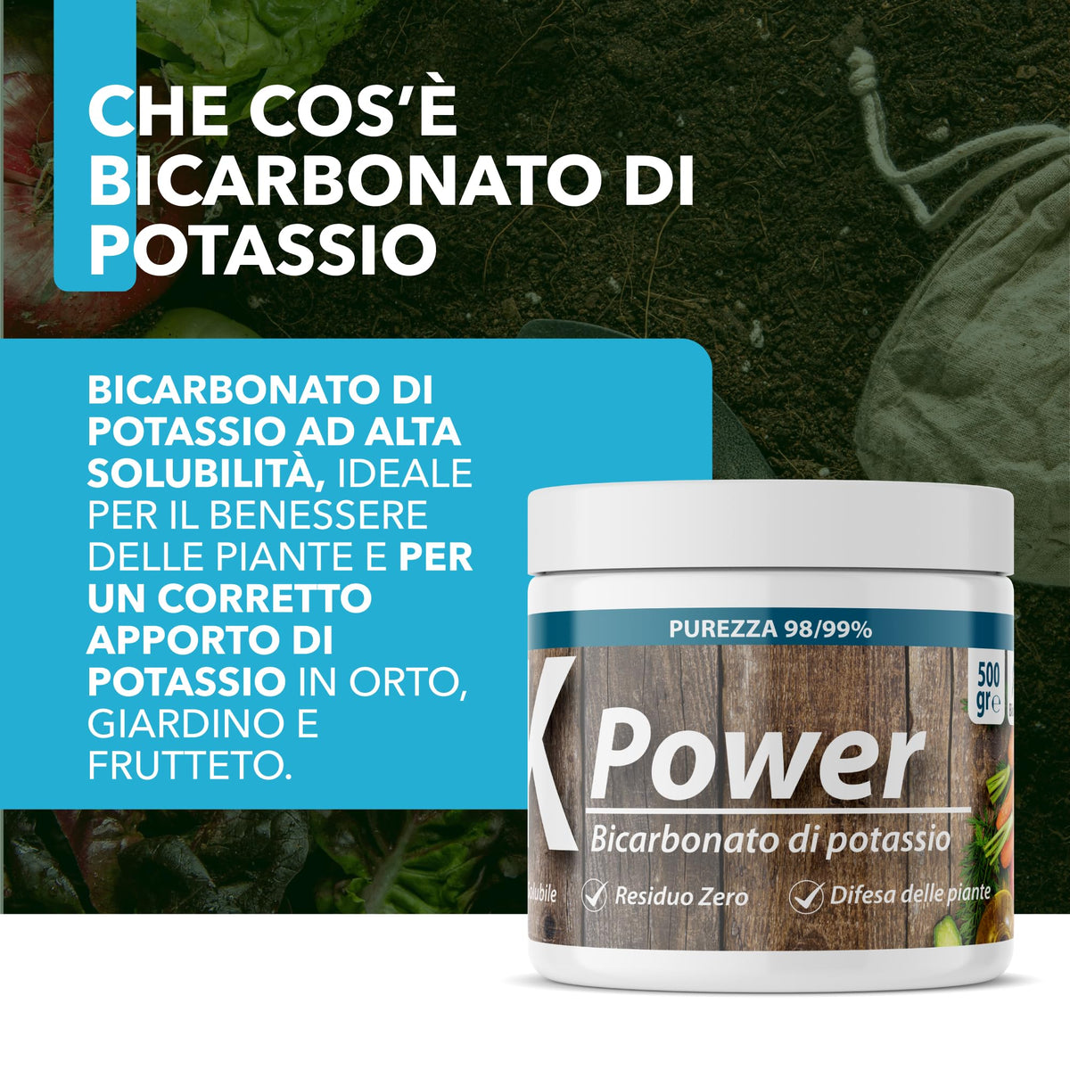 Bicarbonato di Potassio Bio per Agricoltura Naturale e Piante – KPower 500 gr | Contro Oidio, Muffa Grigia, Peronospora, Monilia, Ticchiolatura, Bolla del Pesco, Marciume