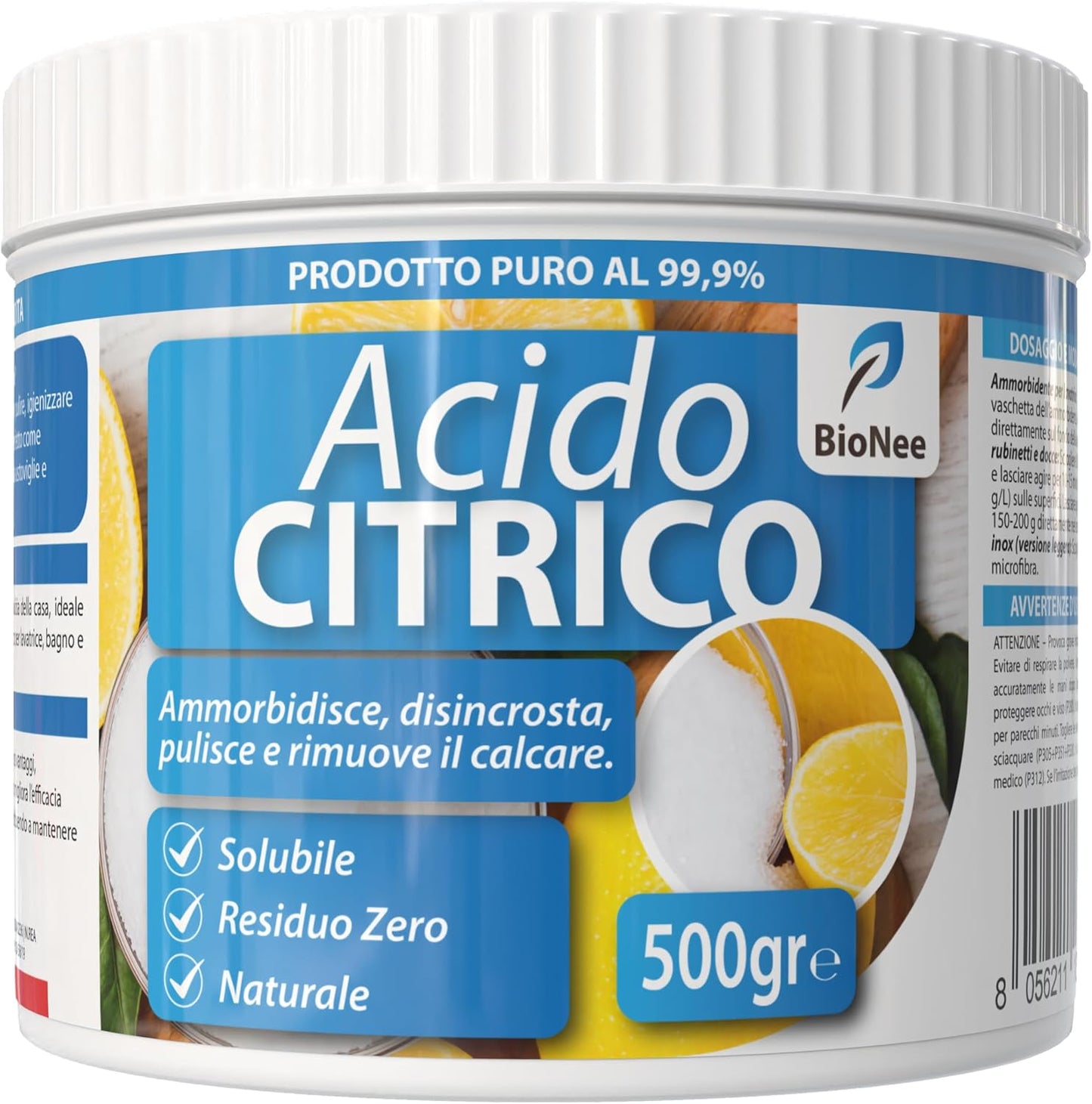 Acide Citrique Monohydraté Pur 99,9% – 500 gr | Naturel, Soluble, Résidu Zéro | Adoucissant pour Machine à Laver, Anti-calcaire pour Lave-vaisselle, Détartrant Écologique