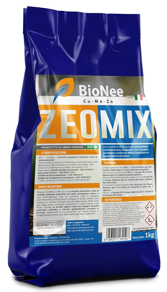 Bionee ZeoMix Cu-Mn-Zn 1 Kg – Engrais Minéral à Base de Zéolite avec Cuivre, Manganèse et Zinc | Protection Naturelle contre les Pathogènes et le Stress Environnemental | Pour Potager, Verger, Vigne et Plantes Ornementales