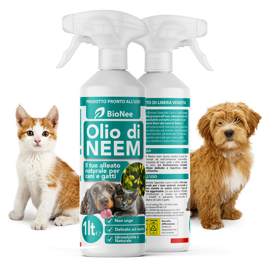 Aceite de Neem para Perros y Gatos Spray 1 lt – Hidrosoluble, Natural, No Engrasa – Acción Delicada, Efecto Barrera Desagradable para Garrapatas, Pulgas, Mosquitos e Insectos