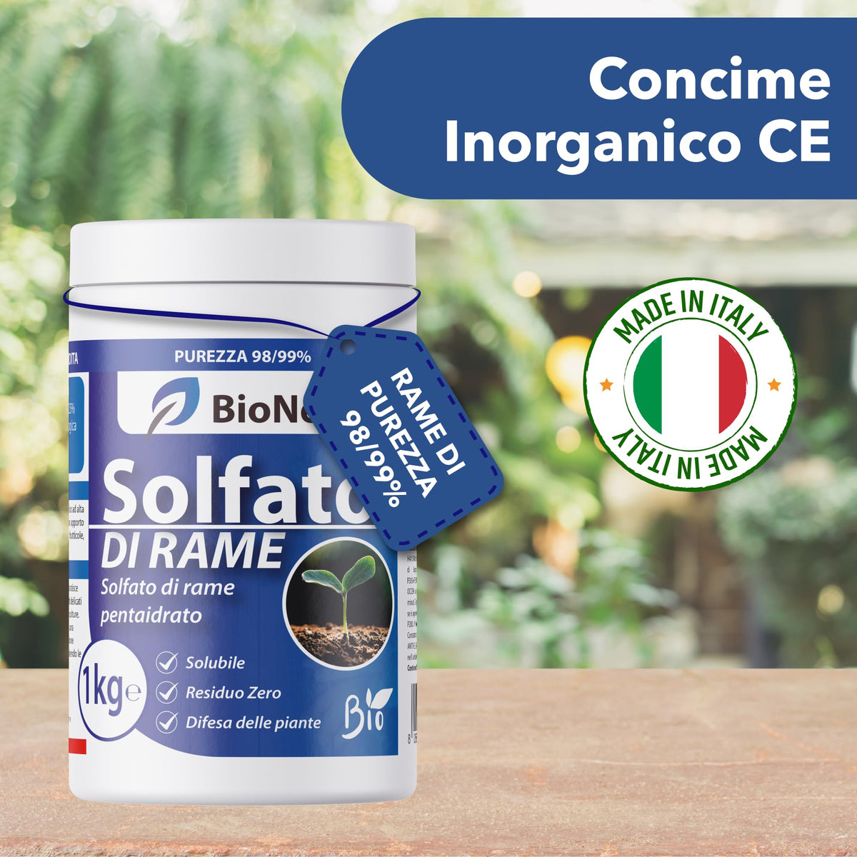 Solfato di Rame | Concime Inorganico Puro 98/99% | Rame Solubile 25% | Uso Agricolo e Biologico | Residuo Zero | Rame Pentaidrato per Orto e Giardino 1 kg