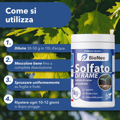 Solfato di Rame | Concime Inorganico Puro 98/99% | Rame Solubile 25% | Uso Agricolo e Biologico | Residuo Zero | Rame Pentaidrato per Orto e Giardino 1 kg