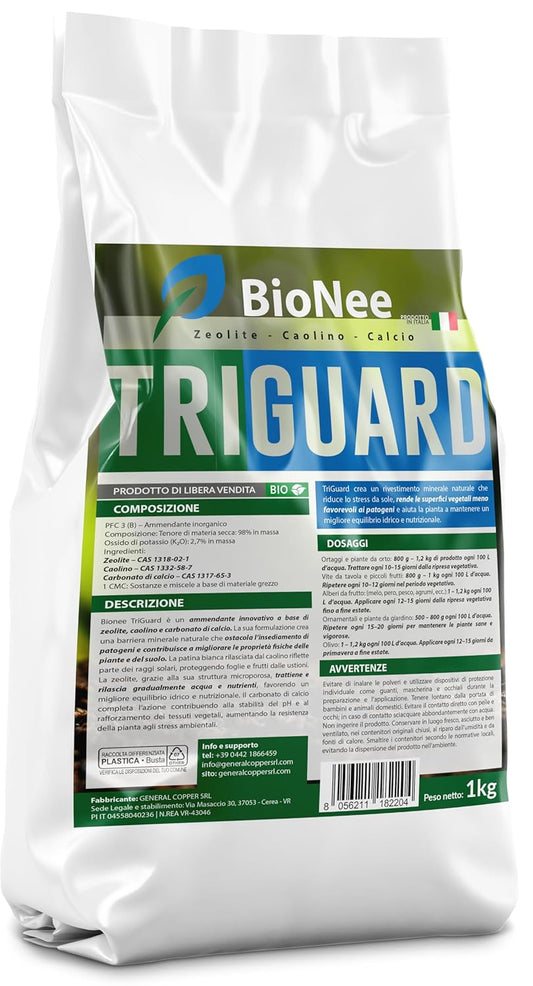 Bionee TriGuard – Tonique à Base de Zéolite, Kaolin et Carbonate de Calcium | Barrière Minérale Naturelle contre le Stress Solaire et les Pathogènes | Pour Potager, Verger, Vigne et Jardin – 1 Kg