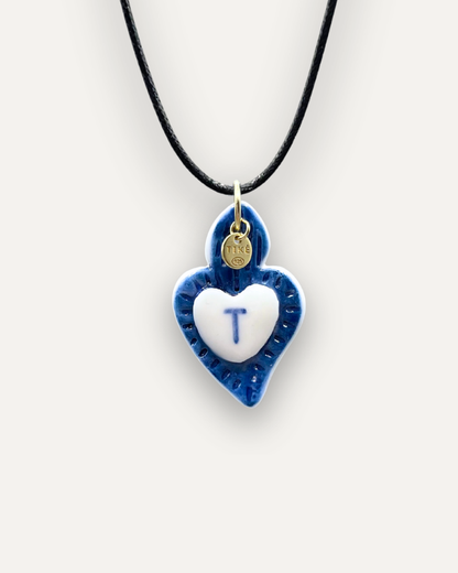 Blue Heart Porcelain Charm - Letter T