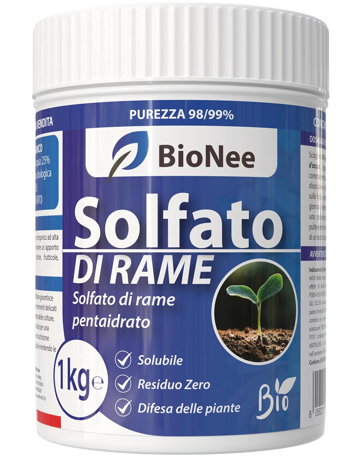 Kupfersulfat | Reiner anorganischer Dünger 98/99% | Lösliches Kupfer 25% | Landwirtschaftliche und biologische Anwendung | Rückstandsfrei | Kupferpentahydrat für Garten und Gemüse 1 kg