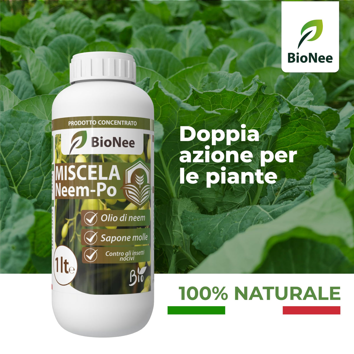 Miscela Neem-Po per Piante Biologico | Olio di Neem + Sapone molle di potassio Solubile Ottimo Contro le Avversità Esterne di Orto, Prato e Giardino 1 lt