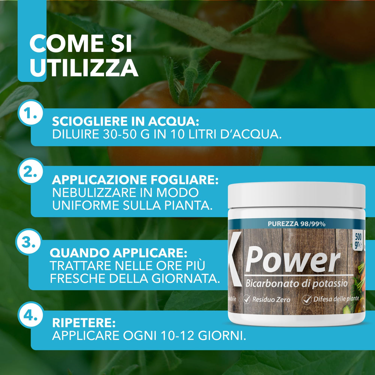 Bicarbonato di Potassio Bio per Agricoltura Naturale e Piante – KPower 500 gr | Contro Oidio, Muffa Grigia, Peronospora, Monilia, Ticchiolatura, Bolla del Pesco, Marciume