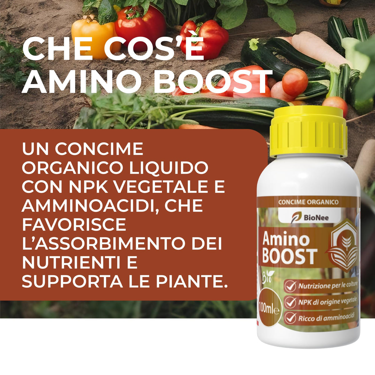 Amino BOOST, Concime Organico NPK per Colture Biologiche, Concime Biologico per uso fogliare e radicale 100ml