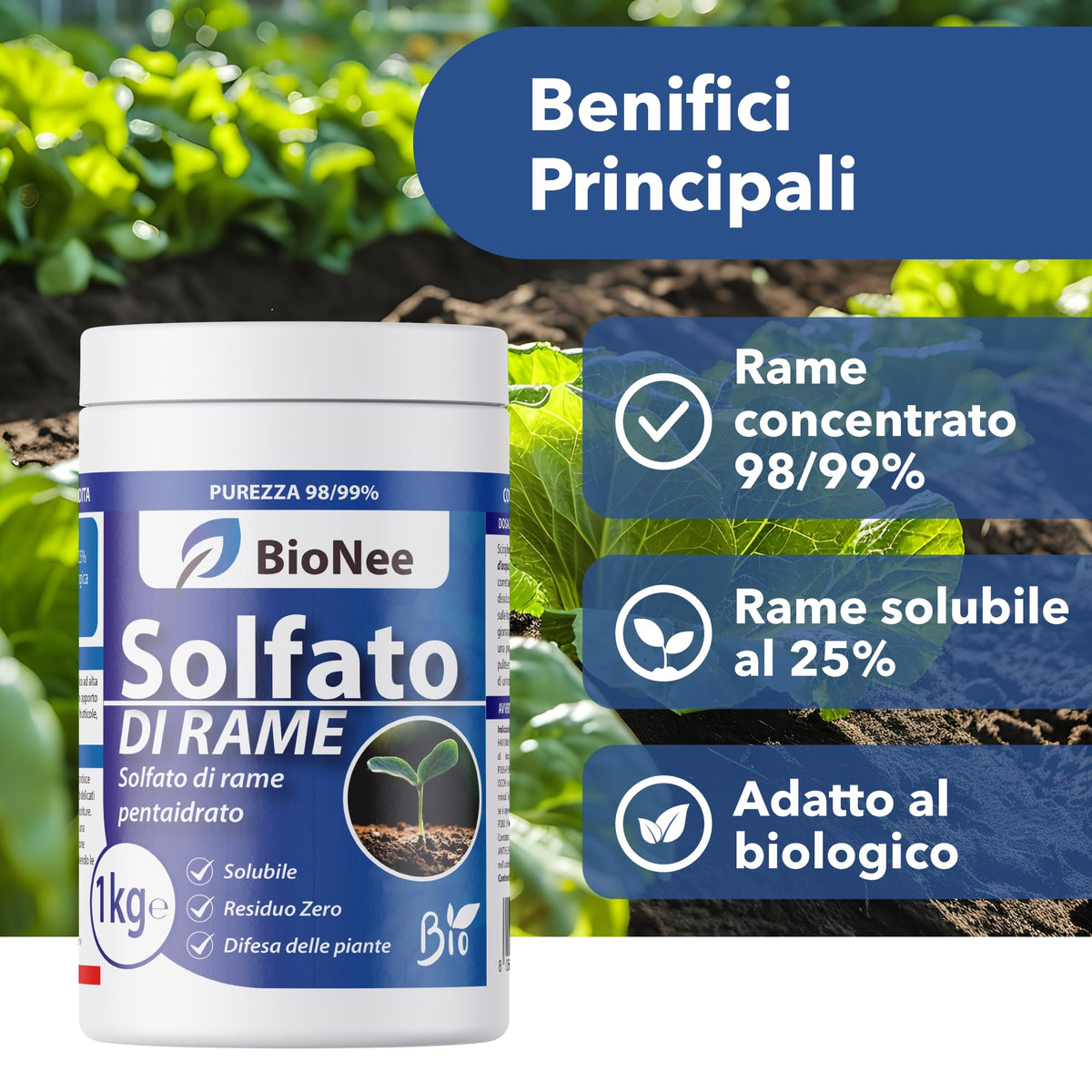 Solfato di Rame | Concime Inorganico Puro 98/99% | Rame Solubile 25% | Uso Agricolo e Biologico | Residuo Zero | Rame Pentaidrato per Orto e Giardino 1 kg