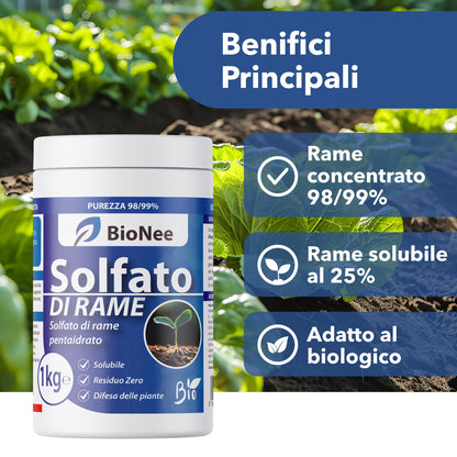 Solfato di Rame | Concime Inorganico Puro 98/99% | Rame Solubile 25% | Uso Agricolo e Biologico | Residuo Zero | Rame Pentaidrato per Orto e Giardino 1 kg