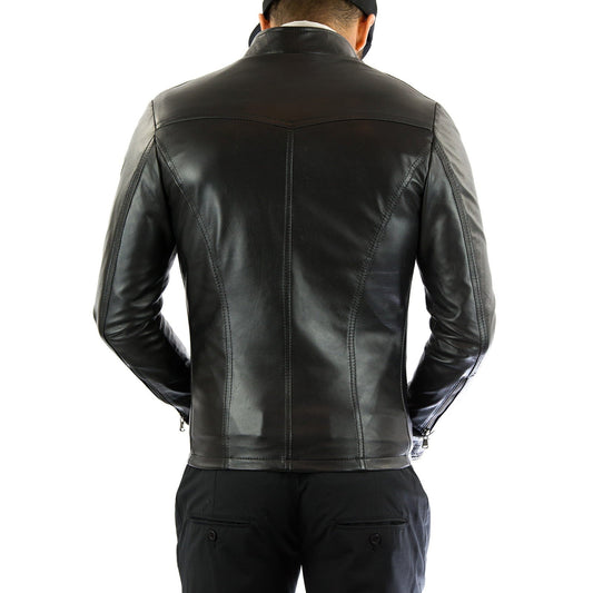 Schwarze Bikerjacke aus echtem Leder für Herren, Slim Fit, vordere Nähte, Rindway