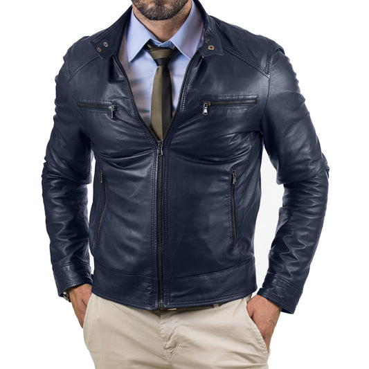 Blouson biker homme slim en véritable cuir bleu avec quatre poches et fermeture à glissière Rindway